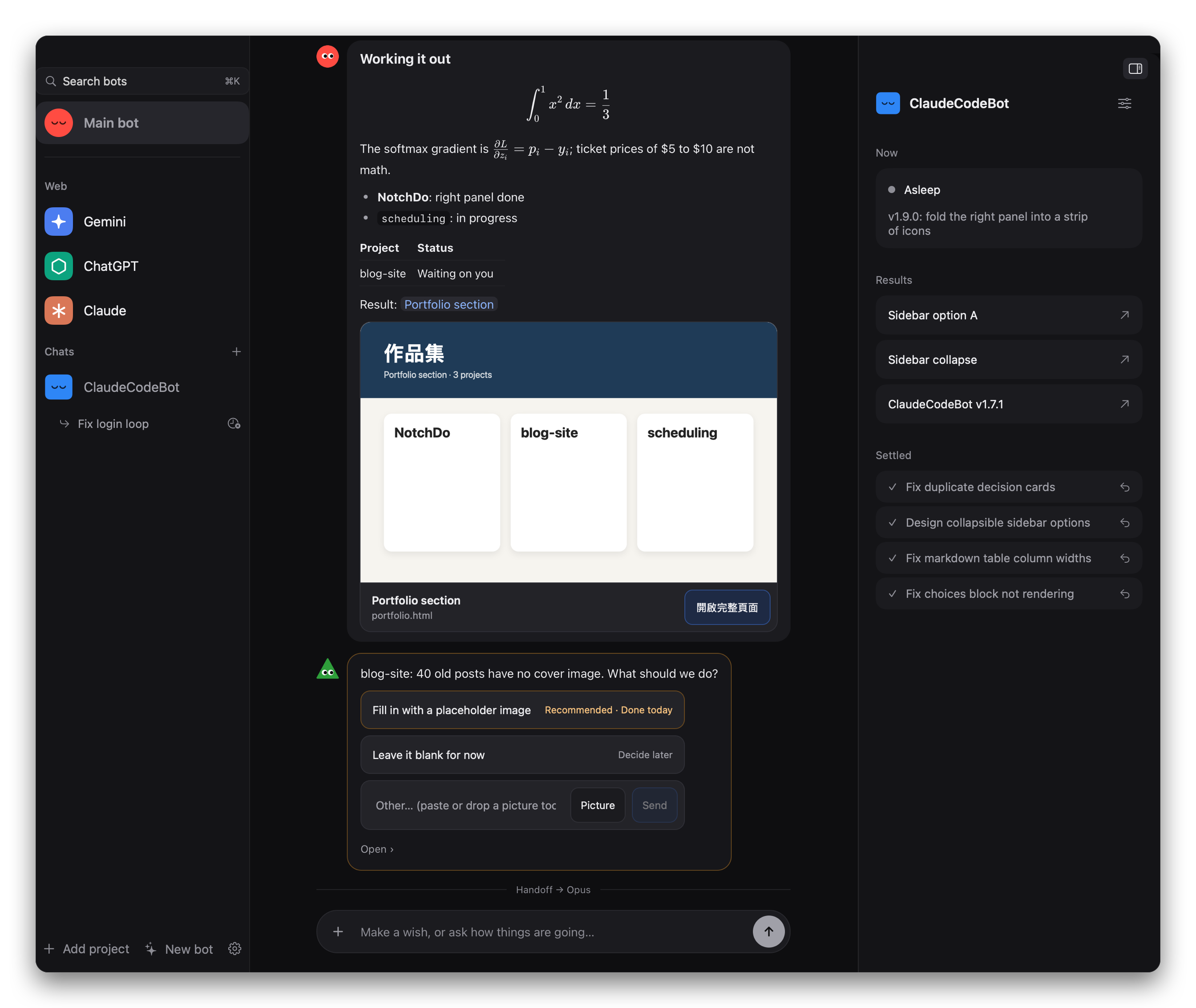 Botling: the left column with the main bot and a project; the main bot's chat with math, a table, a result page preview and a decision; the project's right panel