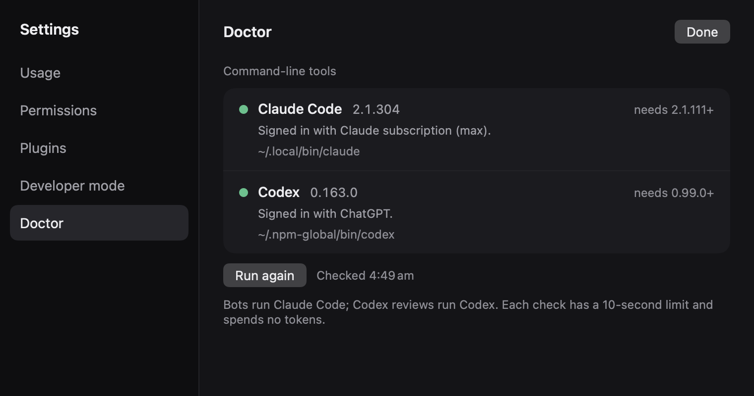 Settings, Doctor: the Claude Code and Codex CLIs found on this Mac, their versions and how each is signed in