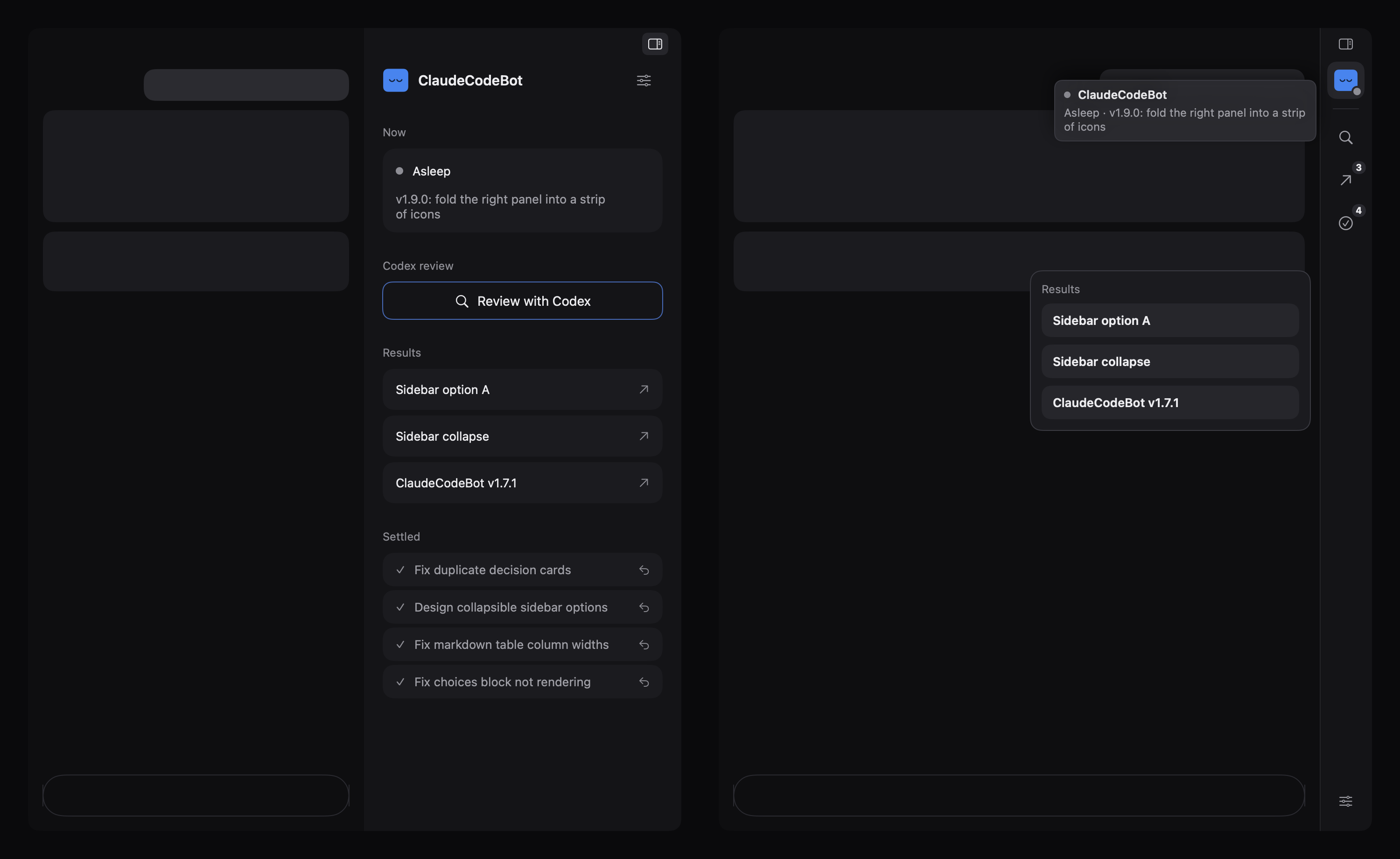 The right panel: what the bot is doing now, its results and the subagents it settled